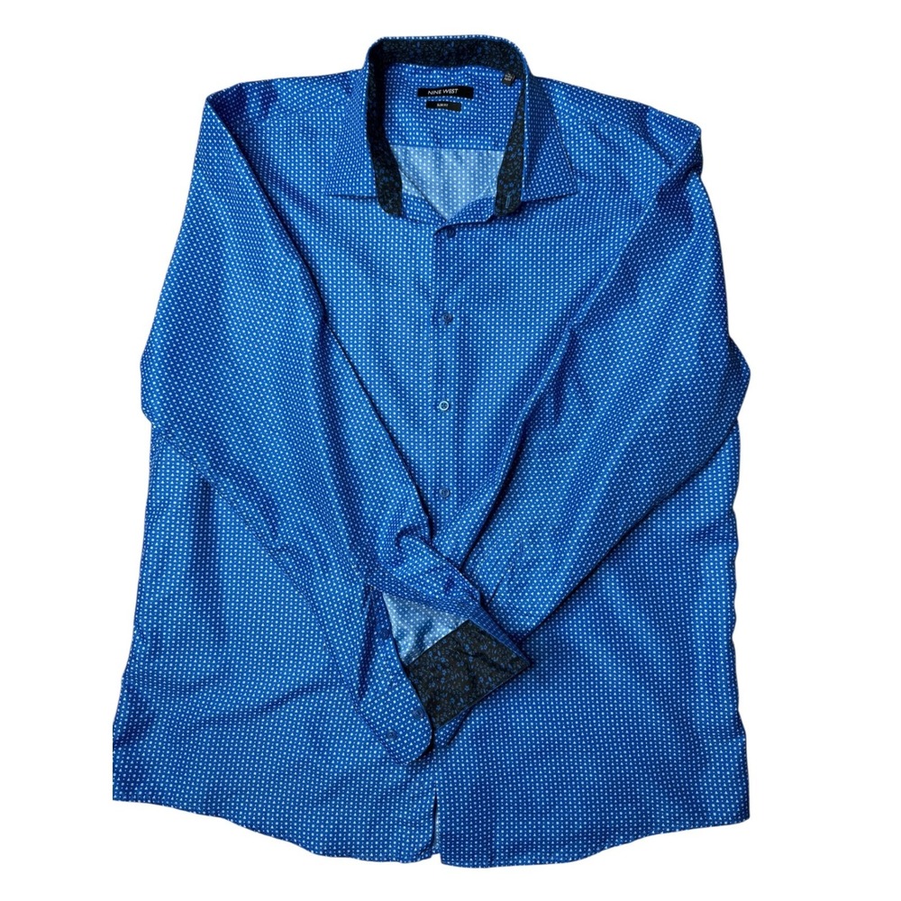 Nine West Mens‎ Slim Fit Blue Pattern Dress Shirt XL 17-17 1/2 34/35